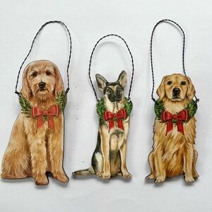 Dog Ornament Trio - Brown, Tan, Black. Golden Retriever, Shepherd